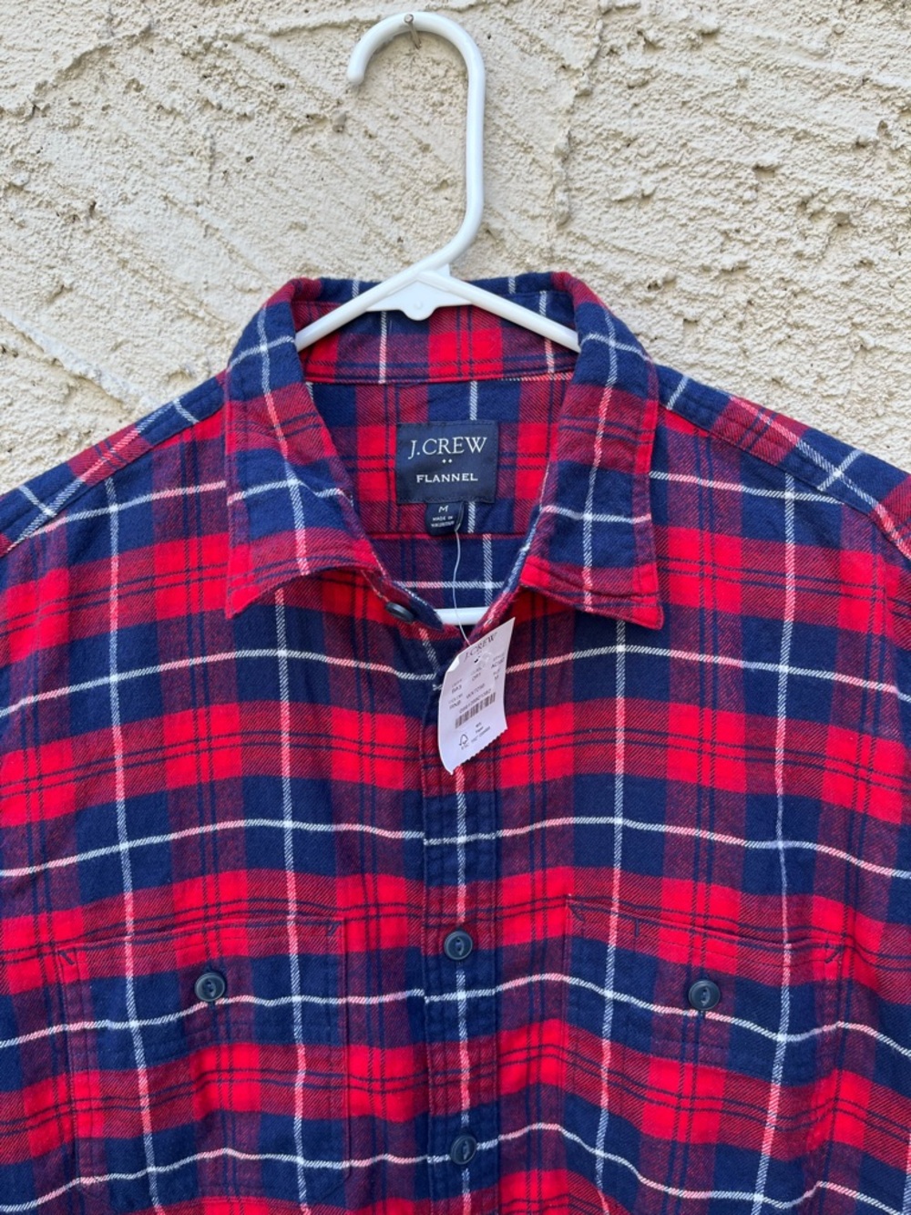 J.Crew Men's Classic Red and Navy Plaid Flannel Shirt Medium